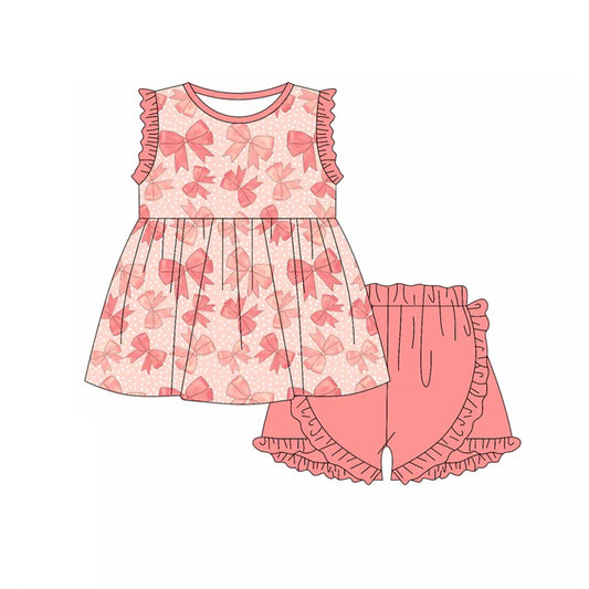 Preorder moq 5 Baby Girls Peach Sleeveless Bows Polka Dots Tunic Ruffle Short Set 4.19