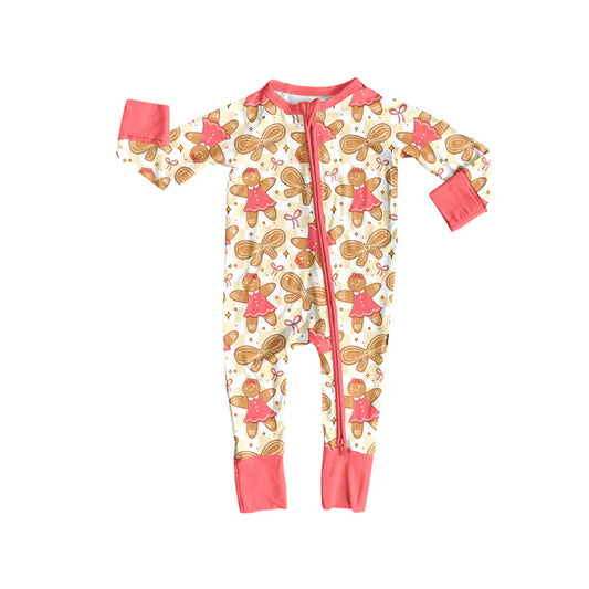 Preorder (moq 5)Baby Girls Long Sleeves Pink Bows Gingerbread Plaid Zipper Romper 7.5