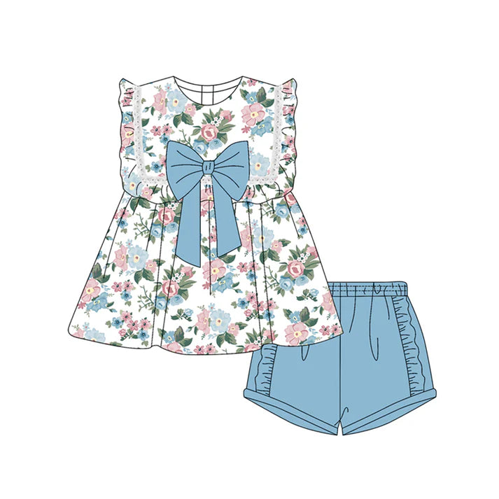 Preorder moq 5 Baby Girls Sleeveless Blue Floral Tunic Ruffle Short Set 4.19