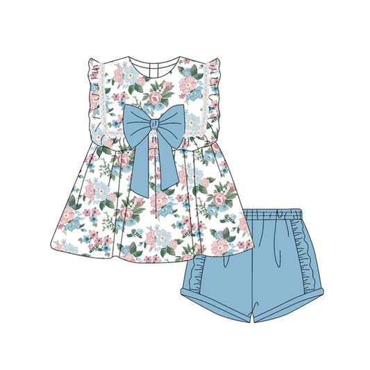 Preorder moq 5 Baby Girls Sleeveless Blue Floral Tunic Ruffle Short Set 4.19