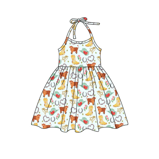 Preorder (moq 5)Baby Girls Aqua Strap Highland Cows Hats Knee Length Dress 5.15