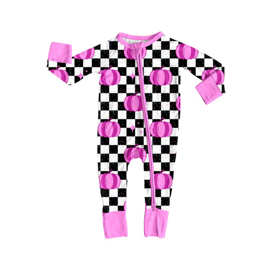 Preorder (moq 5)Baby Girls Long Sleeves Hot Pink Pumpkins Black Plaid Zipper Romper 7.5