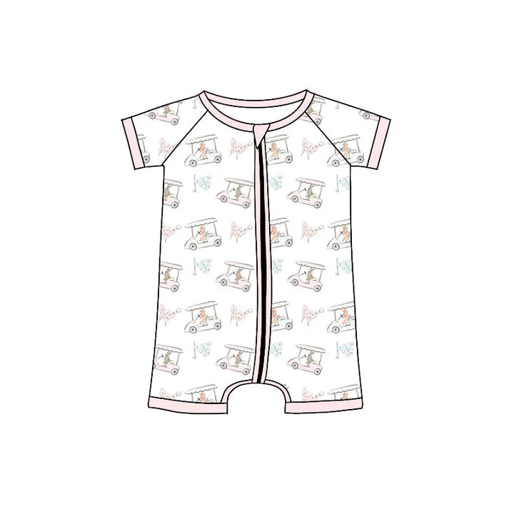Preorder (moq 5)Baby Girls Short Sleeve Golf Trucks Butterfly Zipper Rompers 11.4