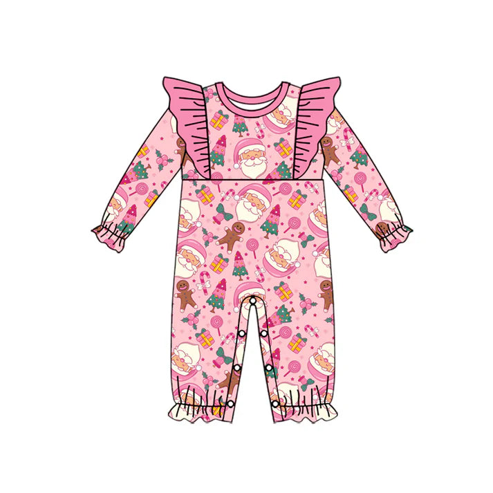 Preorder (moq 5)Baby Girls Pink Long Sleeves Trees Santa Ruffle Rompers 6.4