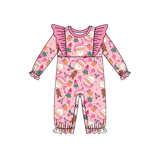 Preorder (moq 5)Baby Girls Pink Long Sleeves Trees Santa Ruffle Rompers 6.4