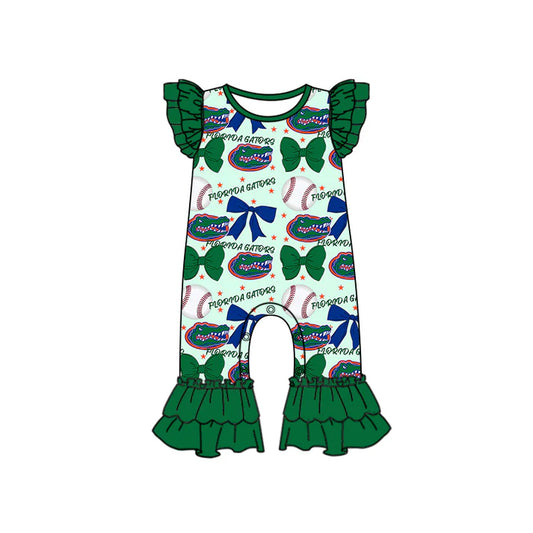 Preorder (moq 5)Baby Girls Green Flutter Sleeves Baseball Bows Crocodiles Ruffle Pant Team Rompers 6.16