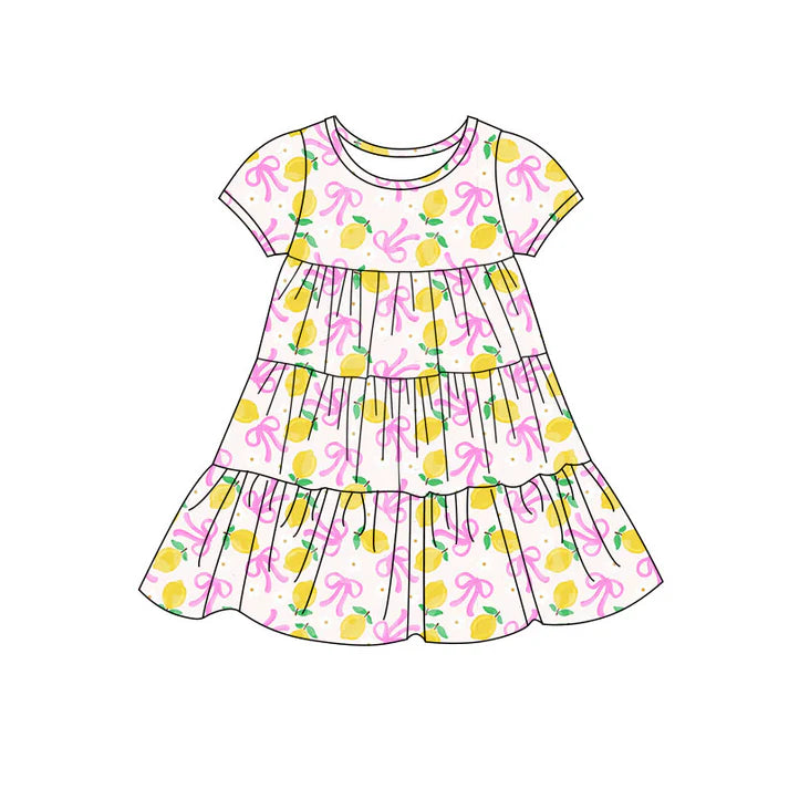 Preorder(moq 5) Baby Girls Bows Lemons Patchwork Ruffle Knee Length Dresses 11.14