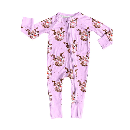 Preorder (moq 5)Baby Girls Lavender Long Sleeves Plaid Deer Plaid Zipper Rompers 6.5