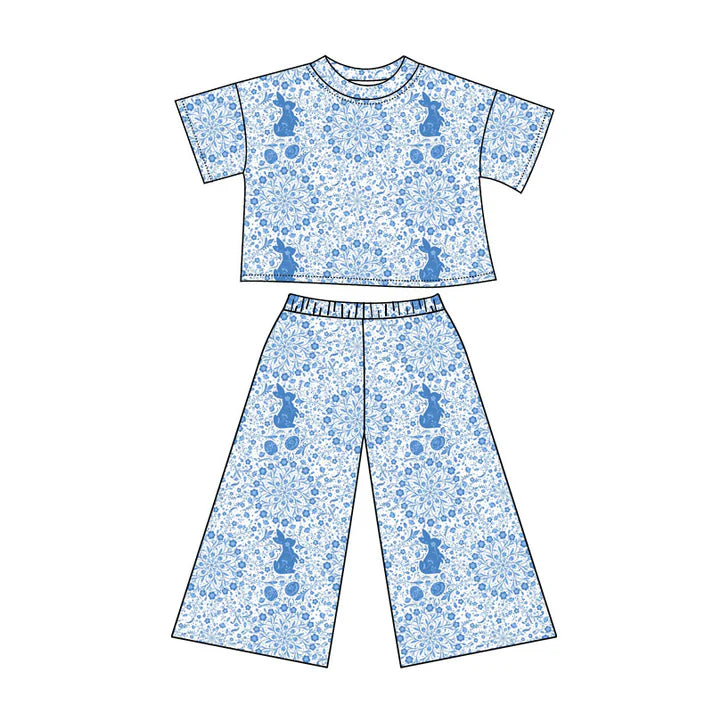 Preorder(moq 5) Baby Girls Blue Floral Rabbits Eggs Top Flare Pants Easter Clothes Sets 11.12