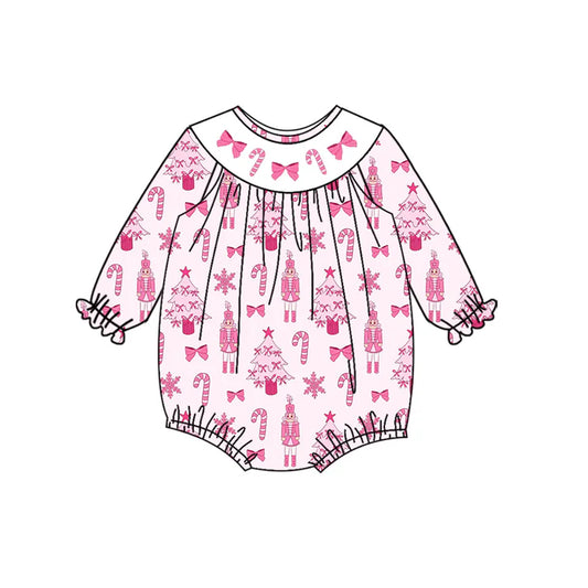 Preorder (moq 5)Baby Girls Long Sleeves Pink Trees Soldiers Bows Ruffle Romper 7.5