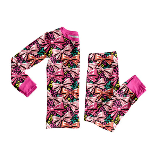 Preorder (moq 5)Baby Girls Colorful Leopard Bows Top Pants Pajamas Sets 9.4