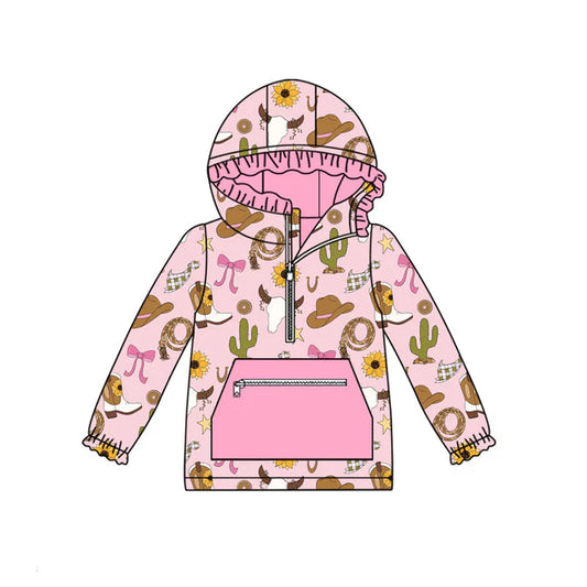 Preorder (moq 8)Baby Girls Pink Cactus Hats Bull Skulls Zipper Pocket Western Ruffle Hoodies Top 9.22