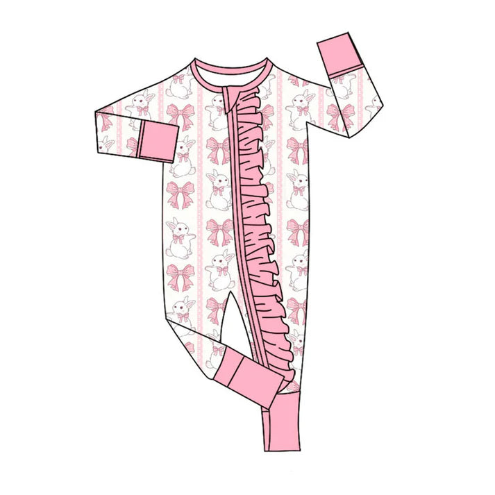 Preorder (moq 5)Baby Girls Pink Bows Rabbits Stripe Easter Two Way Ruffle Zip Convertible Rompers 11.19