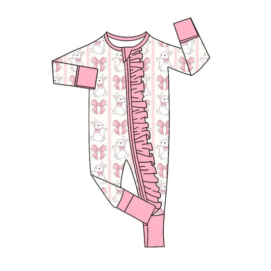 Preorder (moq 5)Baby Girls Pink Bows Rabbits Stripe Easter Two Way Ruffle Zip Convertible Rompers 11.19