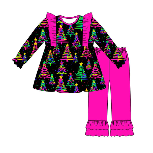 Preorder (moq 5)Baby Girls Long Sleeves Colorful Trees Stars Tunic Ruffle Pants Set 7.29