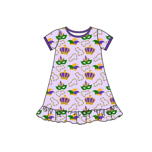 Preorder(moq 5) Baby Girls Mardigras Short Sleeve Anchors Masks Ruffle Knee Length Dresses 10.10