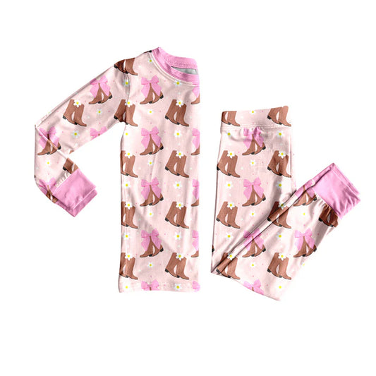 Preorder(moq 5) Baby Girls Western Boots Bows Top Pants Lounge Wear Pajamas Sets 8.7