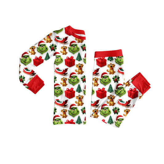 Preorder (moq 5)Baby Girls Green Face Gifts Top Pant Christmas Pajamas Set 8.4