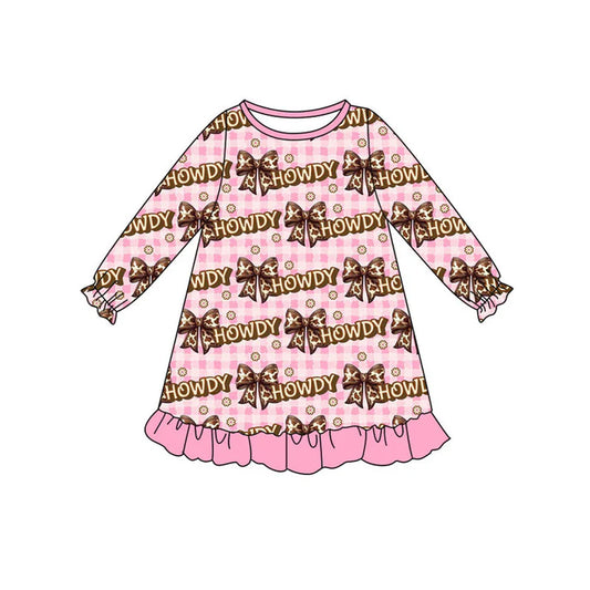 Preorder (moq 8)Baby Girls Pink Checked Bows Howdy Ruffle Knee Length Dresses 9.8