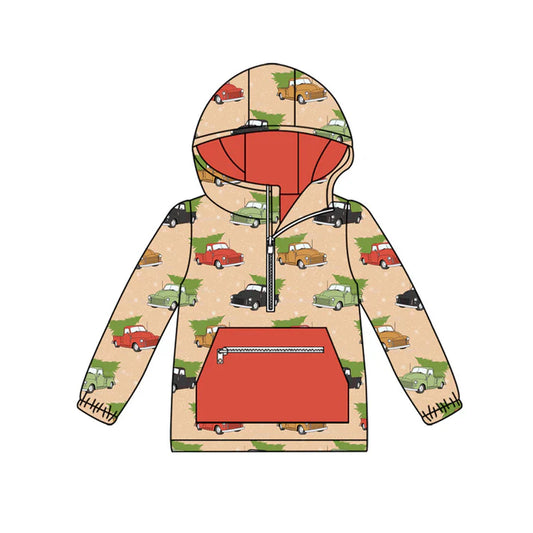 Preorder (moq 8)Baby Boys Green Red Cars Trees Pocket Zipper Christmas Hoodies Top 9.24