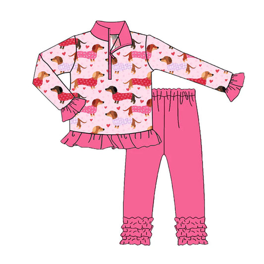 Preorder (moq 5)Baby Girls Pink Hearts Dogs Zipper Pullovers Ruffle Leggings Valentine Clothes Sets 9.4