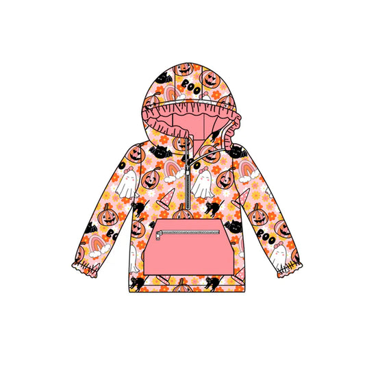 preorder(moq 5) Baby Girls Long Sleeves Flowers Ghost Pumpkins Pocket Zipper Hoodies Top 7.25