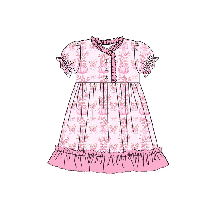 Preorder (moq 5)Baby Girls Pink Short Ruffle Sleeves Button Pumpkins Floral Knee Length Dresses 5.21