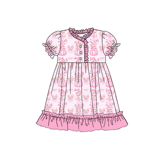 Preorder (moq 5)Baby Girls Pink Short Ruffle Sleeves Button Pumpkins Floral Knee Length Dresses 5.21