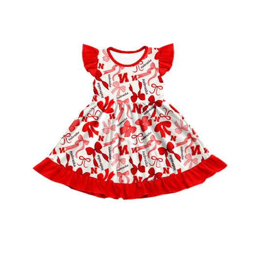 Preorder (moq 5) flutter sleeves N red bows girls team dress 8.23