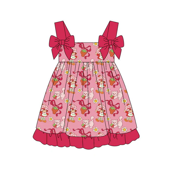 Preorder (moq 5)Baby Strawberry Girls Bows Flowers Strap Ruffle Knee Length Dresses 11.19