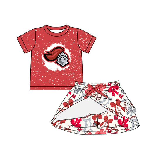 Preorder (moq 5)Baby Girls Red Short Sleeves Rutgers Top Bows Plaid Skorts Team Set 6.16