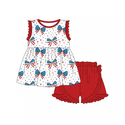 Preorder moq 5 Baby Girls Sleeveless Blue Red Stars Bows Tunic Ruffle Short 4th Of July Set 4.23