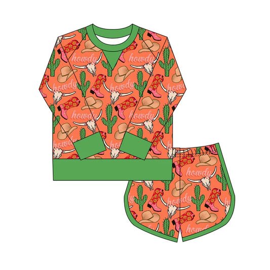 Preorder(moq 8)Baby Girls Howdy Hats Boots Cactus Long Sleeve Top Shorts Western Clothes Set 9.27