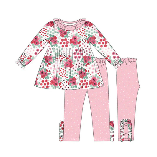 Preorder (moq 8)Baby Girls Pink Flowers Tunic Polka Dots Legging Pants Clothes Sets 9.12