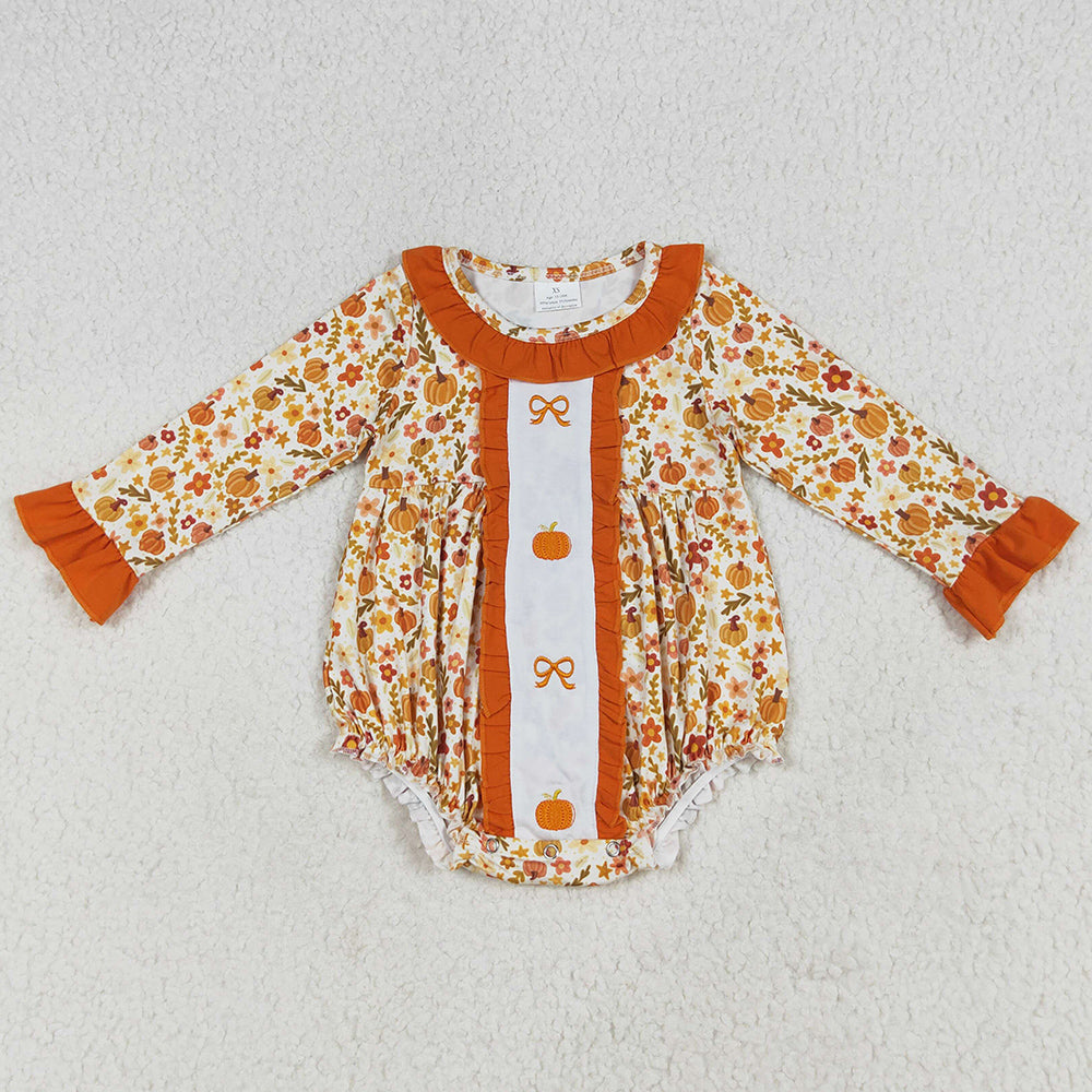 Embroidery Baby Girls Rompers Long Sleeves Bows Pumpkins Floral Ruffle Rompers LR2228 6.24