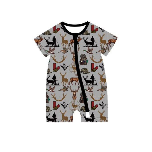 Preorder moq 5 Baby Boys Gray Short Sleeves Deer Ducks Hunting Zipper Rompers 4.29