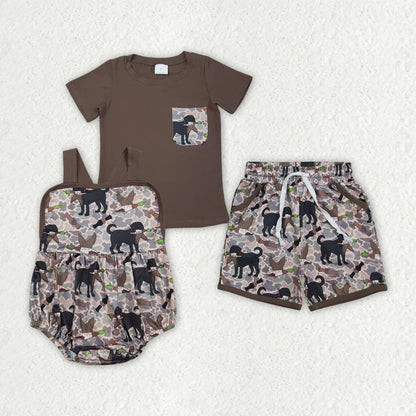 Sibling Baby Boys Brown Top Dog Ducks Camo Pockets Short Hunting Clothes Set Rompers