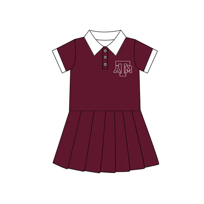 Preorder (moq 5)Baby Girls Dark Red Short Sleeves Button ATM Team Shorts Knee Length Dresses 7.11