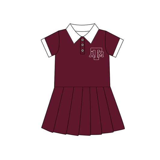 Preorder (moq 5)Baby Girls Dark Red Short Sleeves Button ATM Team Shorts Knee Length Dresses 7.11
