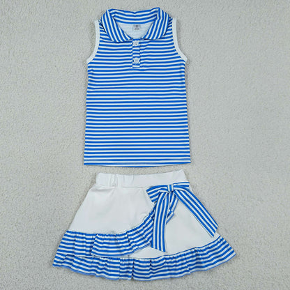 Baby Girls Clothes Blue Stripe Button Tops Ruffle Skirt Shorts Yoga Active Clothes Sets GSD3661