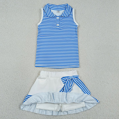 Baby Girls Clothes Blue Stripe Button Tops Ruffle Skirt Shorts Yoga Active Clothes Sets GSD3661