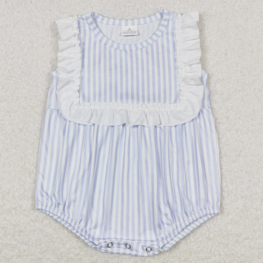 Baby Infant Girls Rompers Blue Stripes Ruffle Bib Rompers SR1363