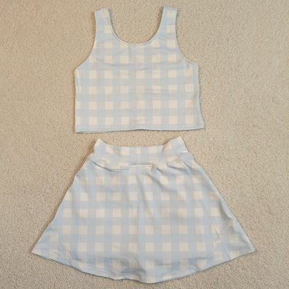 Baby Girls Clothes Light Blue Checked Vests Top Skirt Short Yoga Active Clothes Set GSD3839