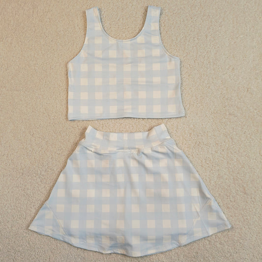 Baby Girls Clothes Light Blue Checked Vests Top Skirt Short Yoga Active Clothes Set GSD3839