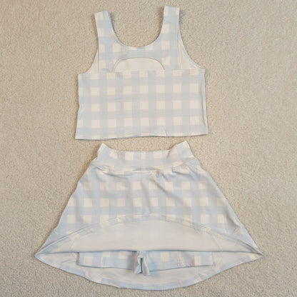 Baby Girls Clothes Light Blue Checked Vests Top Skirt Short Yoga Active Clothes Set GSD3839