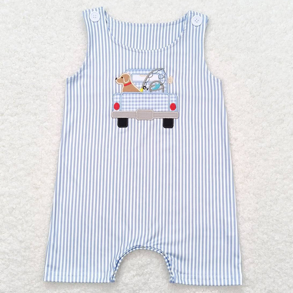 Baby Infant Boys Romper Blue Stripes Dog Fishing Summer Sleeveless Rompers SR1170