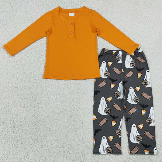Baby Boys Clothes Orange Button Top Ghosts Pumpkins Pant Halloween Clothes Set BLP1546