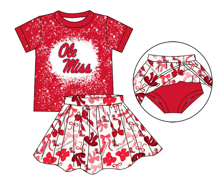 Preorder moq 5 red O M bleached top bow skirt girls team outfits 8.26