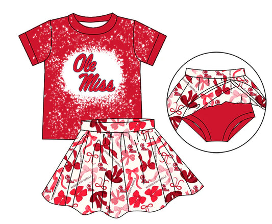 Preorder moq 5 red O M bleached top bow skirt girls team outfits 8.26