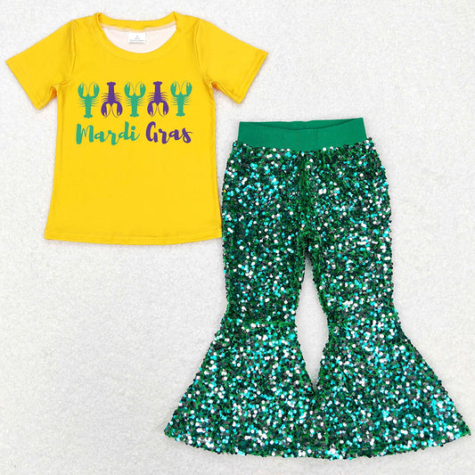 Mardi Gras Kids Girls Clothes Boutique Sequin Bell Pants Sets GSPO1357